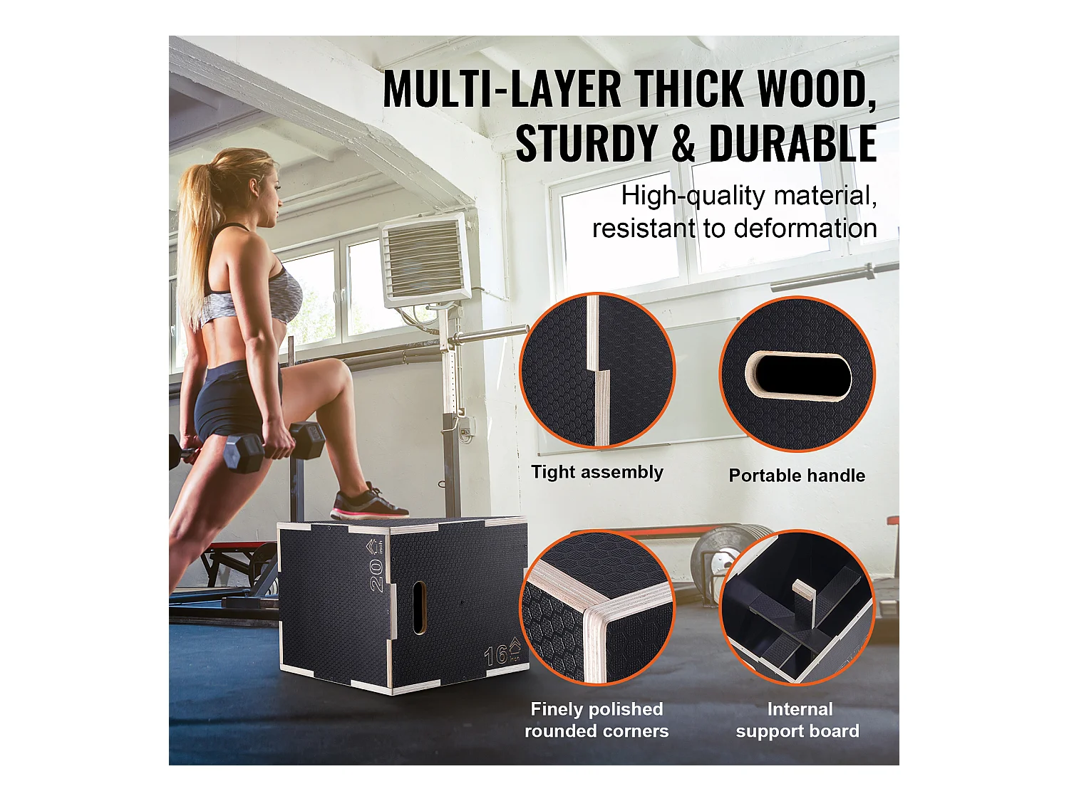 Pliometrische Sprongkist SucceBuy, 3 in 1, Anti-slippend Hoogte 50/45/40 cm Laadvermogen 204 kg, in Hout