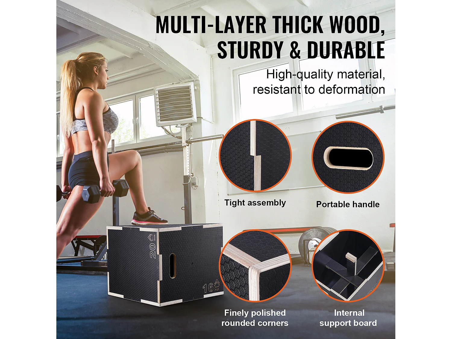 Boîte de Saut Pliométrique SucceBuy, 3 en 1, Antidérapant Hauteur 50/45/40 cm Charge 204 kg, en Bois