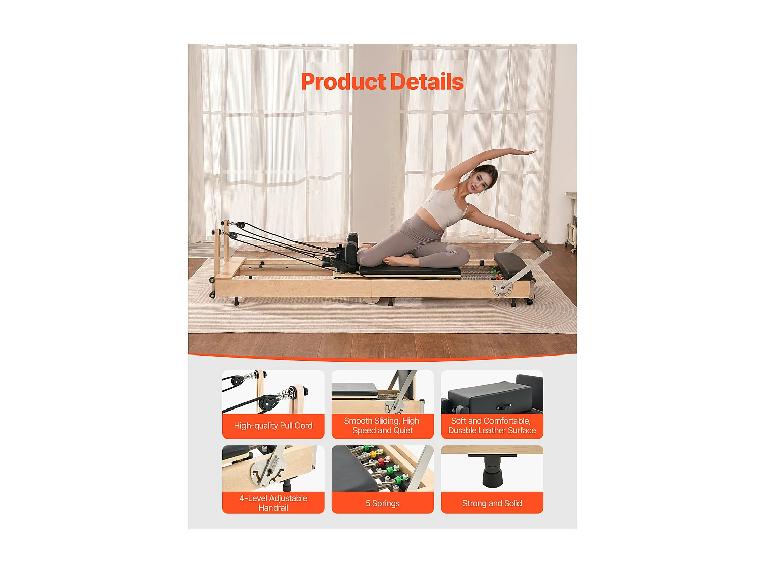 Maszyna do Pilatesu SucceBuy Pilates Reformer, Składany, Drewniany Sprzęt do Pilatesu do Domowej Siłowni