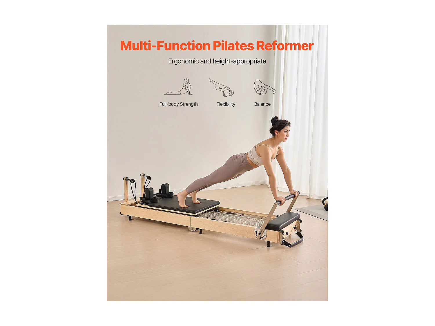 Maszyna do Pilatesu SucceBuy Pilates Reformer, Składany, Drewniany Sprzęt do Pilatesu do Domowej Siłowni