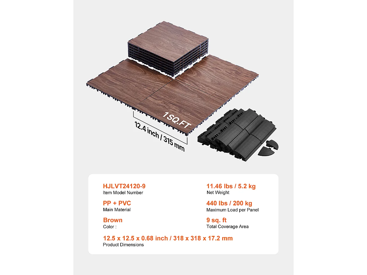 Revêtements de Sol SucceBuy pour Salle de Sport, Carreaux Emboîtables, 9 Pièces Emboîtables, Portables avec Base Coussinée, Grain de Bois de Chêne