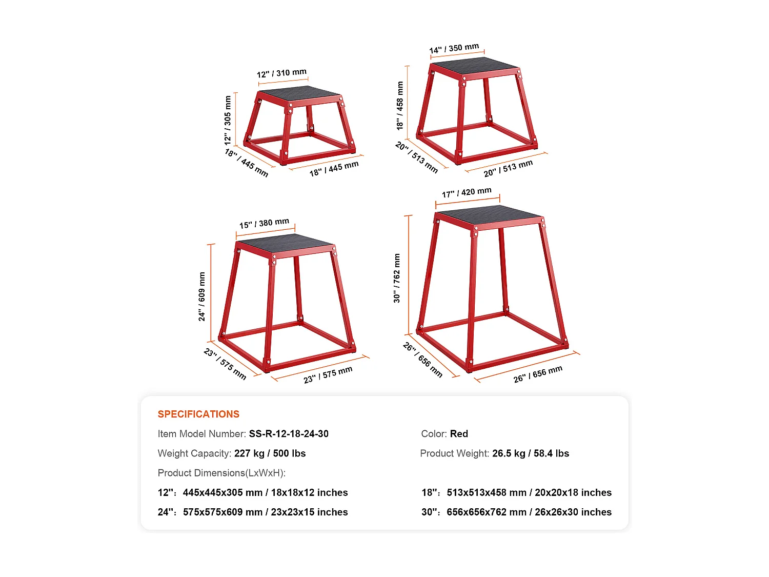 Boîte de Saut Pliométrique SucceBuy, Boîte à Saut Musculation Fitness, 4PCs, 30.5/45.8/60.9/76.2 cm