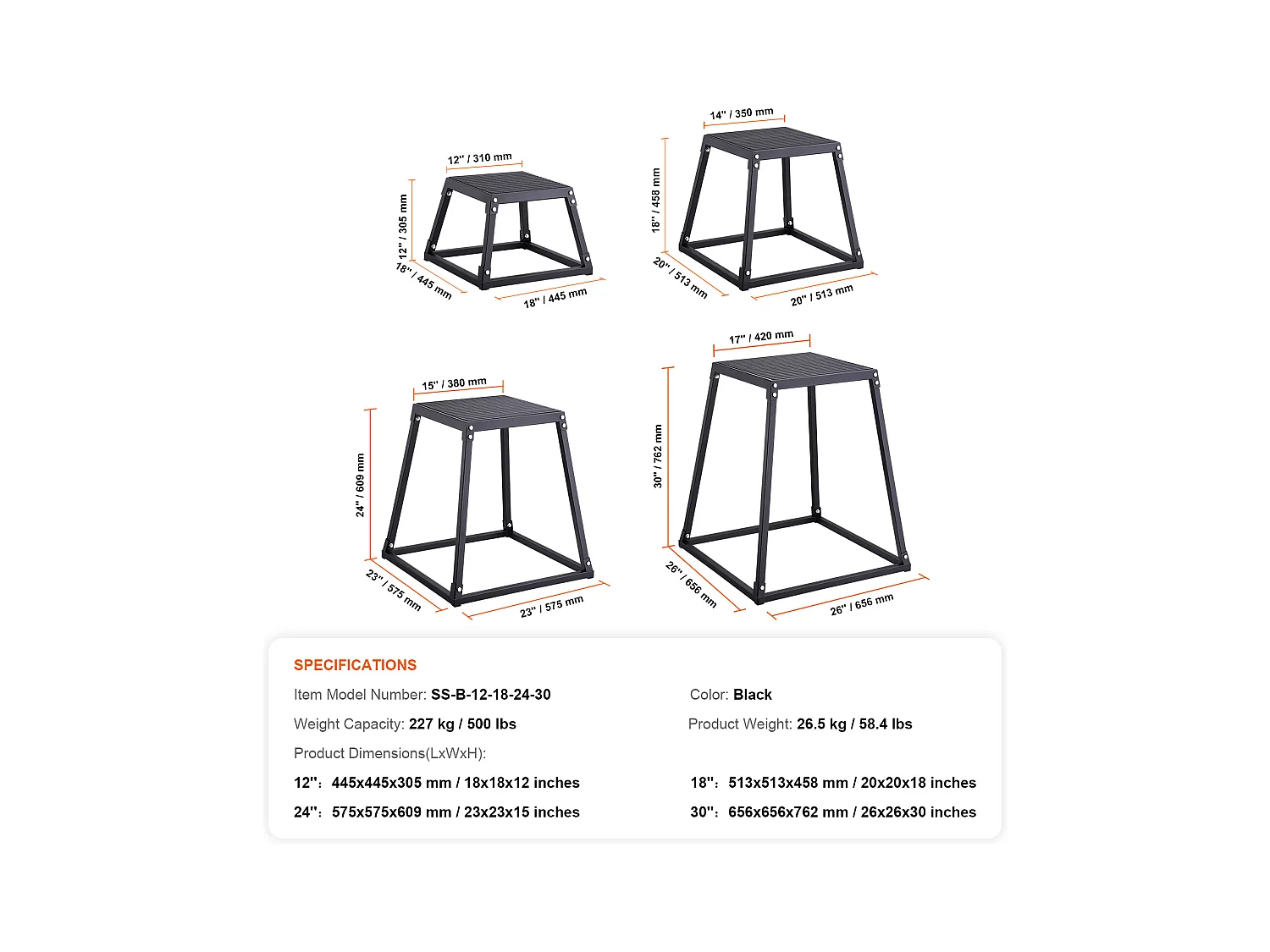 Boîte de Pliométrie SucceBuy 30/46/61/76cm Plyometric Jump Box Fitness Noir pour l'Exercice
