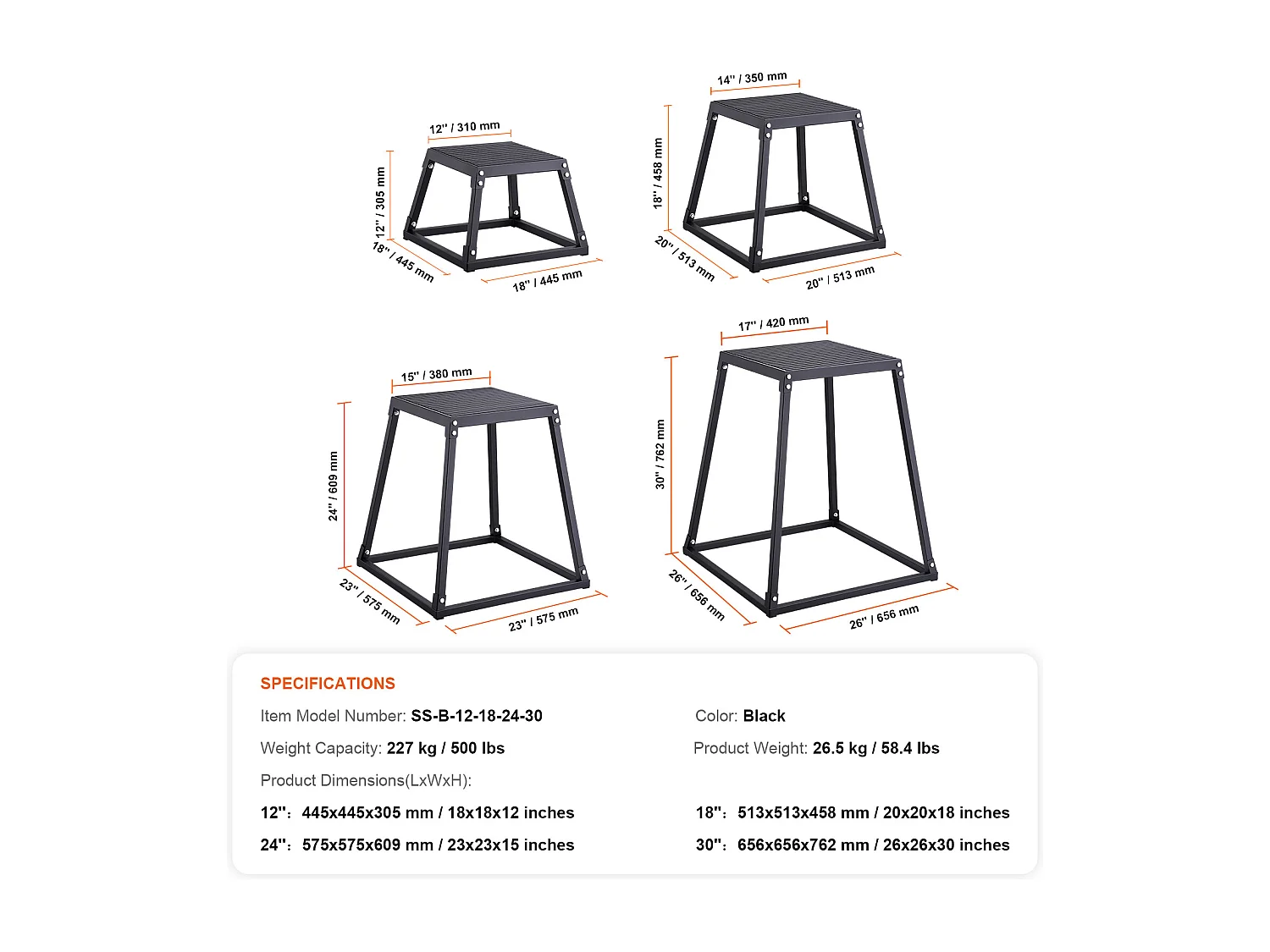 Caixa de Pliometria SucceBuy 30/46/61/76cm Caixa de Salto Pliométrico Fitness Preto para Exercício