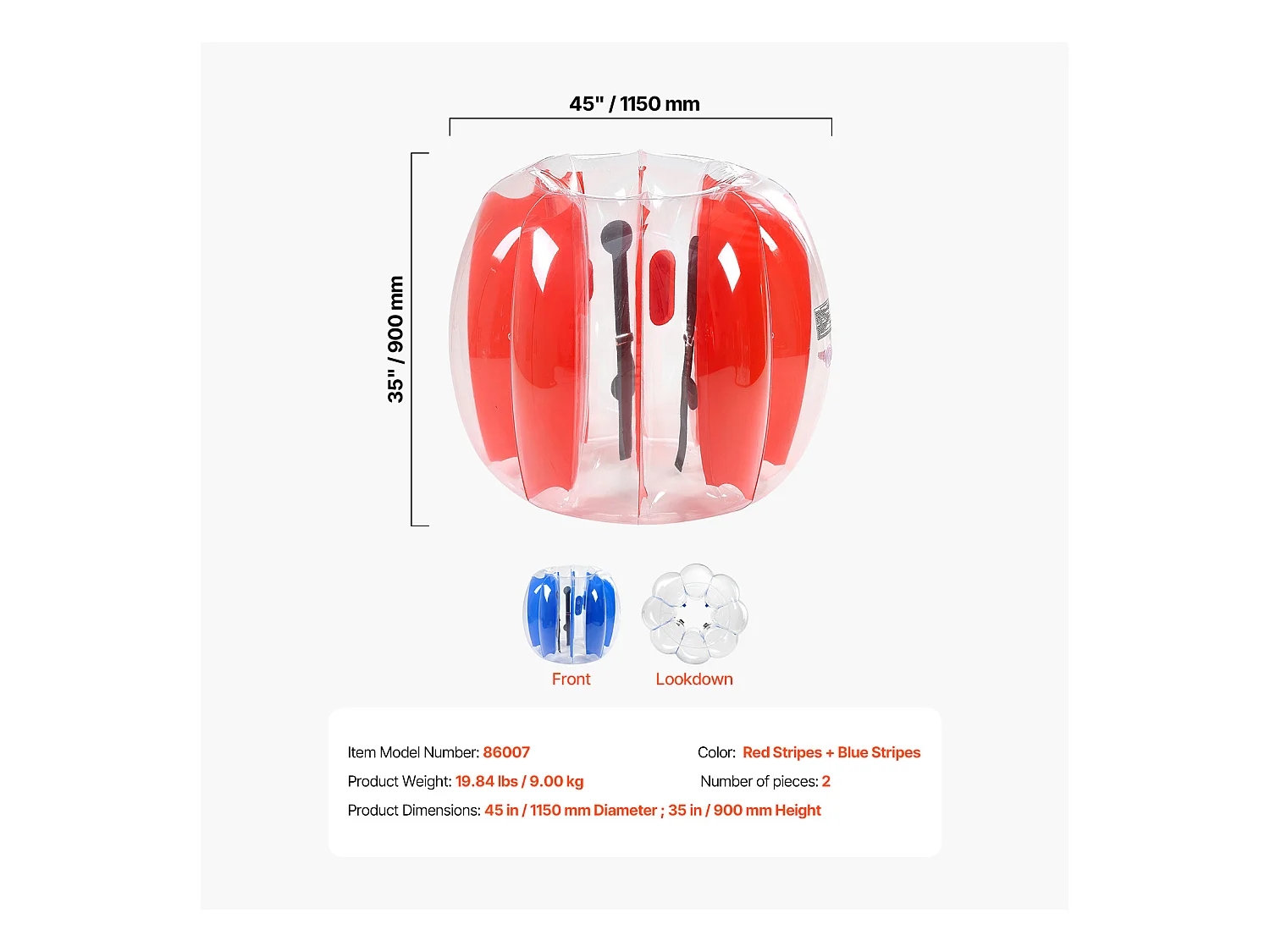 Palloni Paracolpi Gonfiabili SucceBuy (Lotto di 2) da 1,2 m, Palle da Collisione Durevoli in PVC da 0,5 mm di Spessore con Strisce Rosse e Blu per Sport