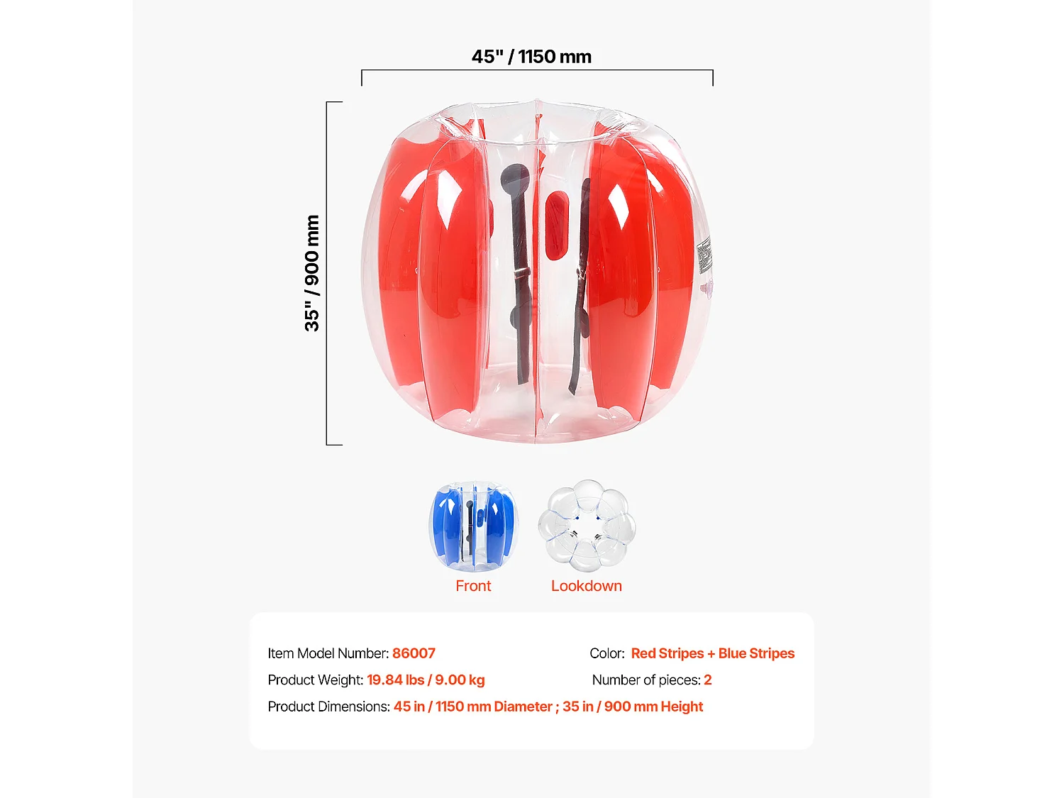 Opblaasbare Stootkussens SucceBuy (Set van 2) van 1,2 m, Duurzame Botsballen van PVC met 0,5 mm Dikte met Rode en Blauwe Strepen voor Sport