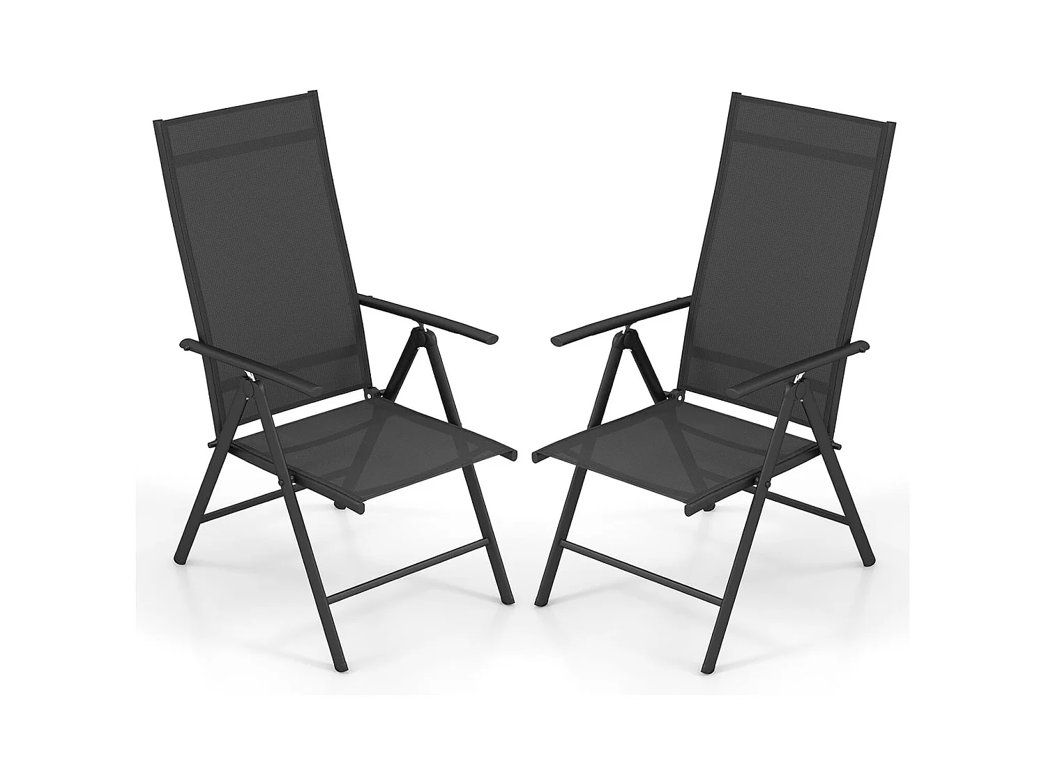 Lot de 2 Chaise de Jardin Pliante avec Cadre Métallique, Fauteuil d’Extérieur avec Dossier Réglable sur 7 Positions, Charge 180 KG (Noir)