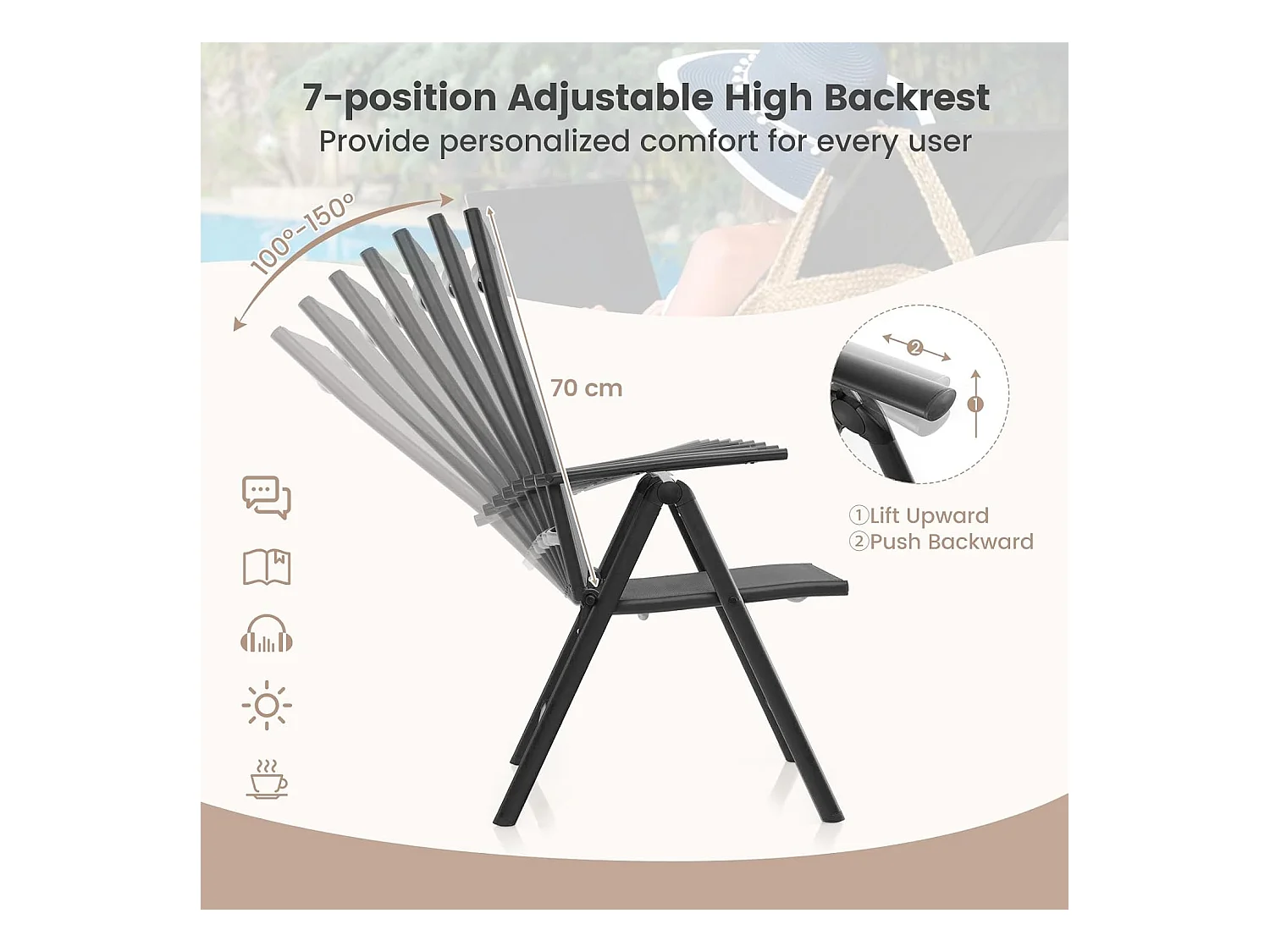 Lot de 2 Chaise de Jardin Pliante avec Cadre Métallique, Fauteuil d’Extérieur avec Dossier Réglable sur 7 Positions, Charge 180 KG (Noir)