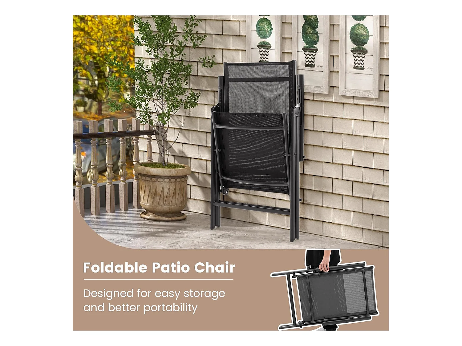 Lot de 2 Chaise de Jardin Pliante avec Cadre Métallique, Fauteuil d’Extérieur avec Dossier Réglable sur 7 Positions, Charge 180 KG (Noir)