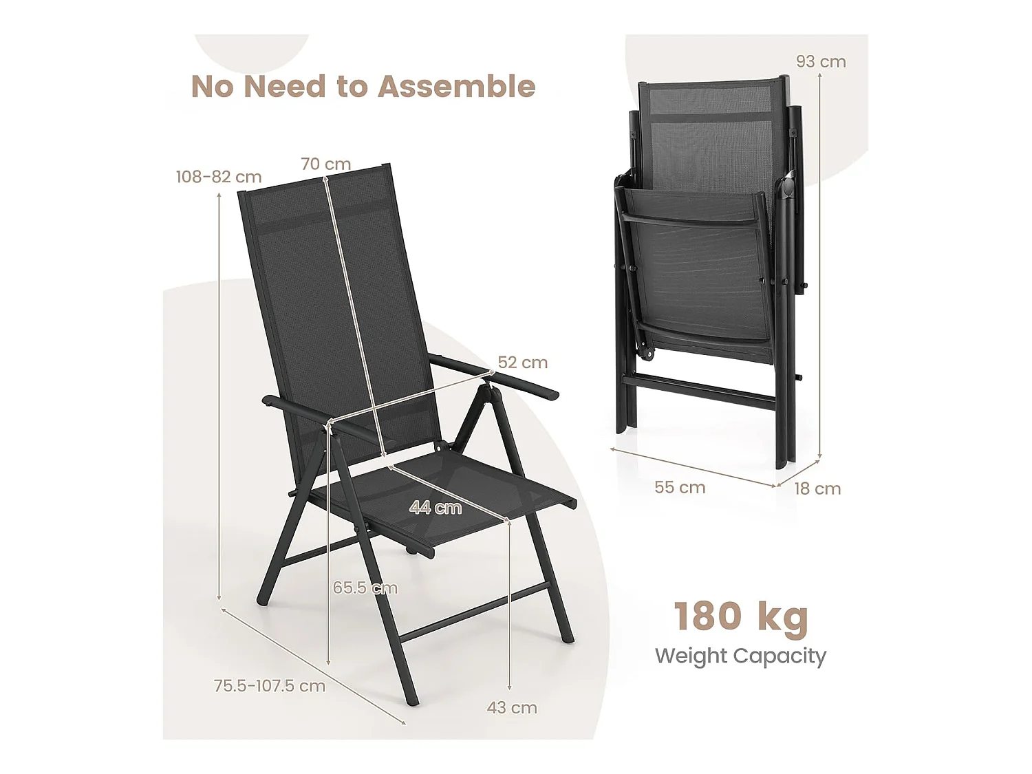 Lot de 2 Chaise de Jardin Pliante avec Cadre Métallique, Fauteuil d’Extérieur avec Dossier Réglable sur 7 Positions, Charge 180 KG (Noir)