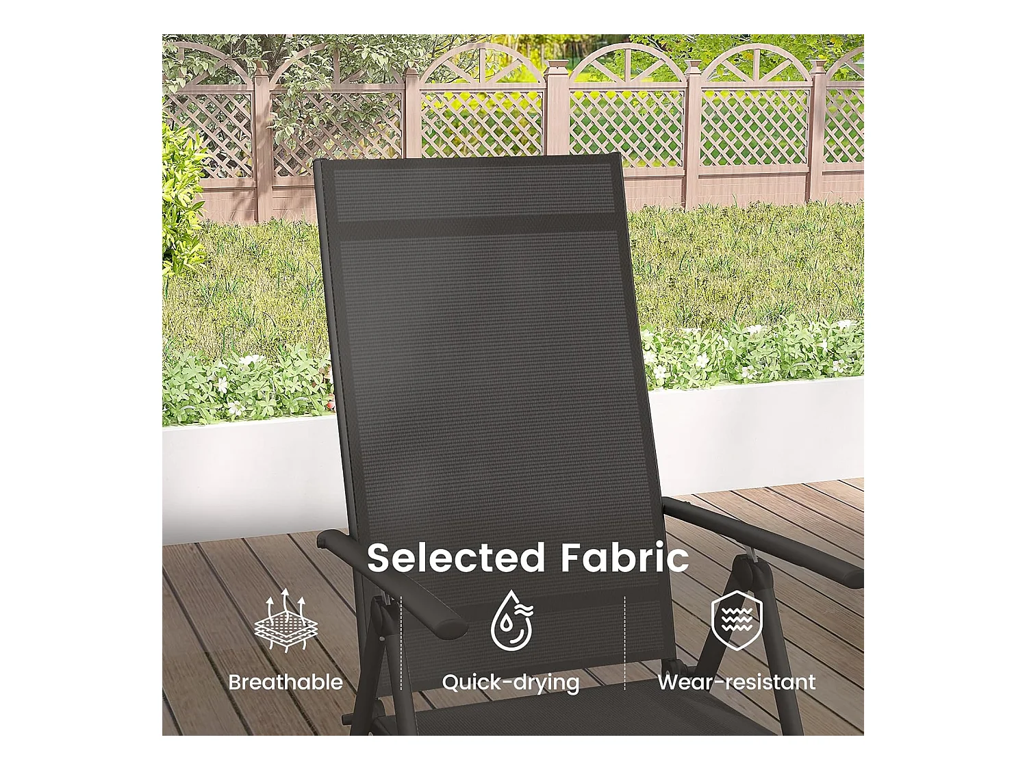 Lot de 2 Chaise de Jardin Pliante avec Cadre Métallique, Fauteuil d’Extérieur avec Dossier Réglable sur 7 Positions, Charge 180 KG (Noir)