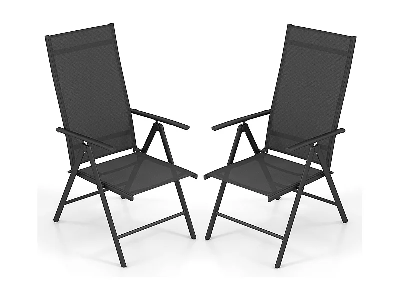 Lot de 2 Chaise de Jardin Pliante avec Cadre Métallique, Fauteuil d’Extérieur avec Dossier Réglable sur 7 Positions, Charge 180 KG (Noir)
