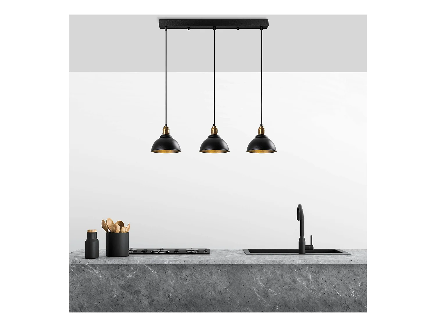 Suspension îlot cuisine – 3 lampes noir et or SILE