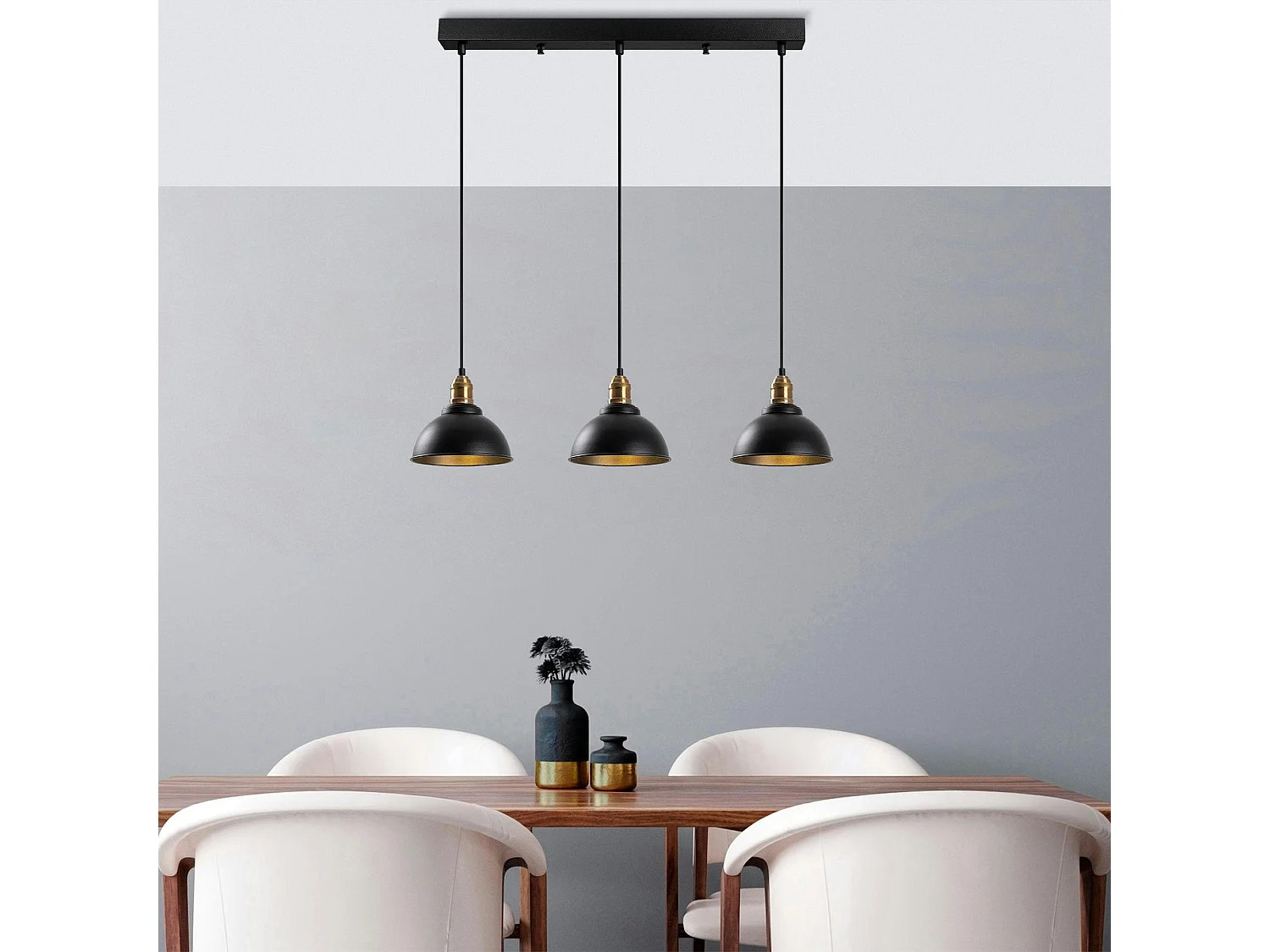 Suspension îlot cuisine – 3 lampes noir et or SILE