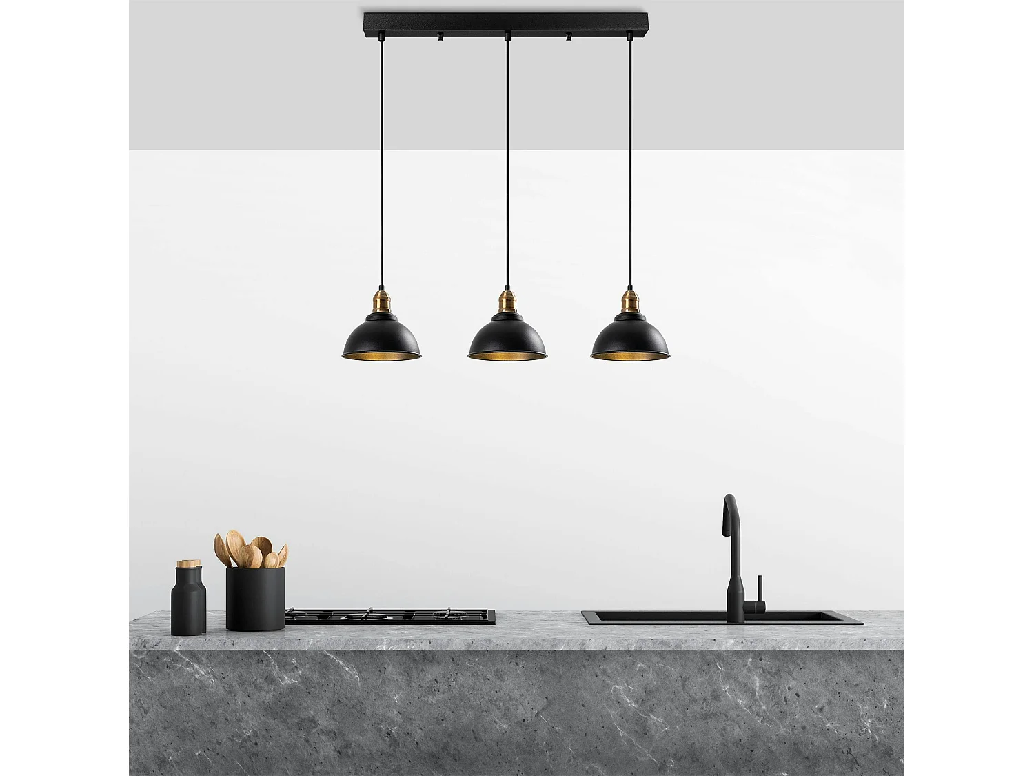 Suspension îlot cuisine – 3 lampes noir et or SILE