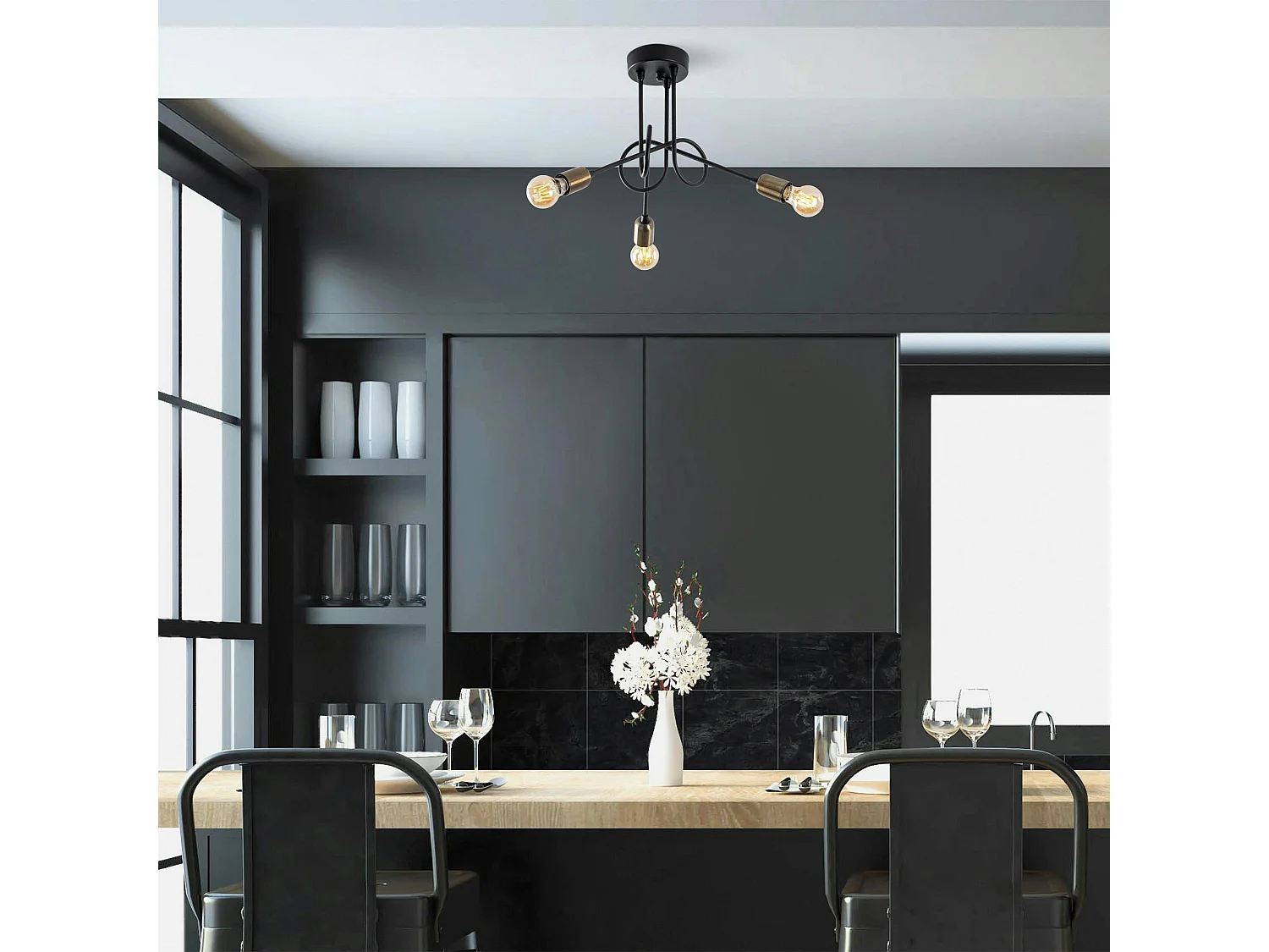 Plafonnier salle à manger noir - 3 lampes effet laiton OLTEN