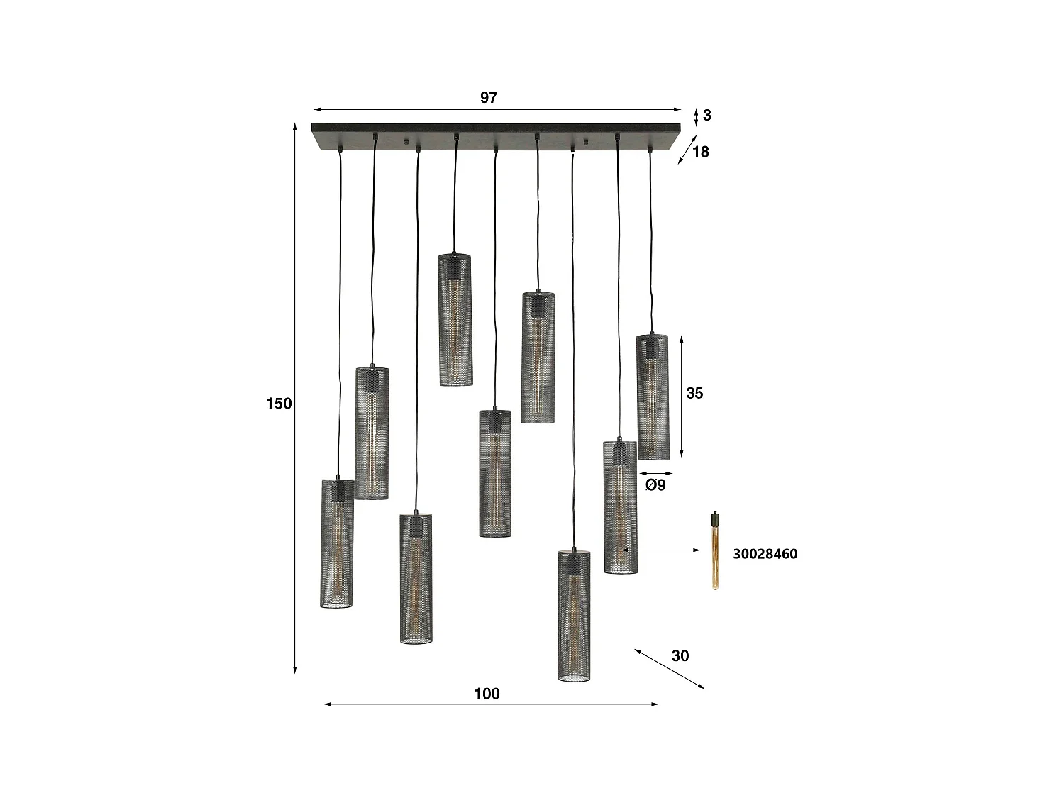 Suspension contemporaine grillagée 9 abat-jour RALF