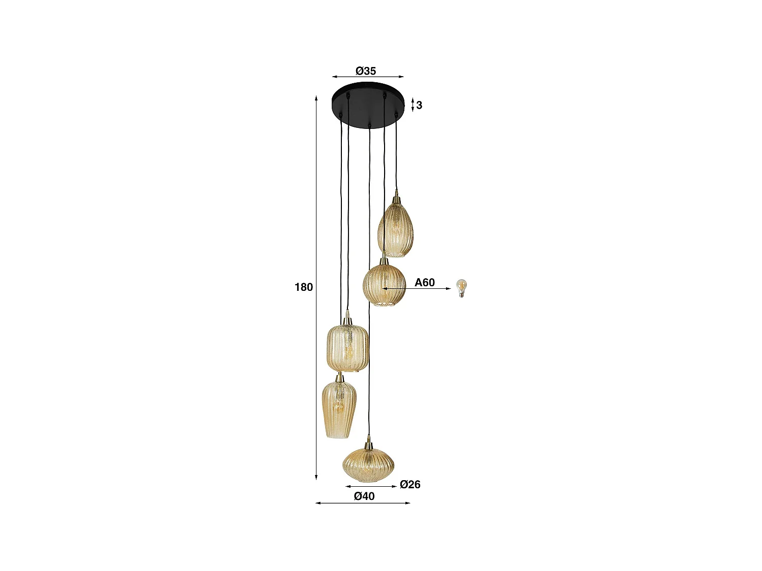 Suspension en verre ambré 5 lampes NOVA