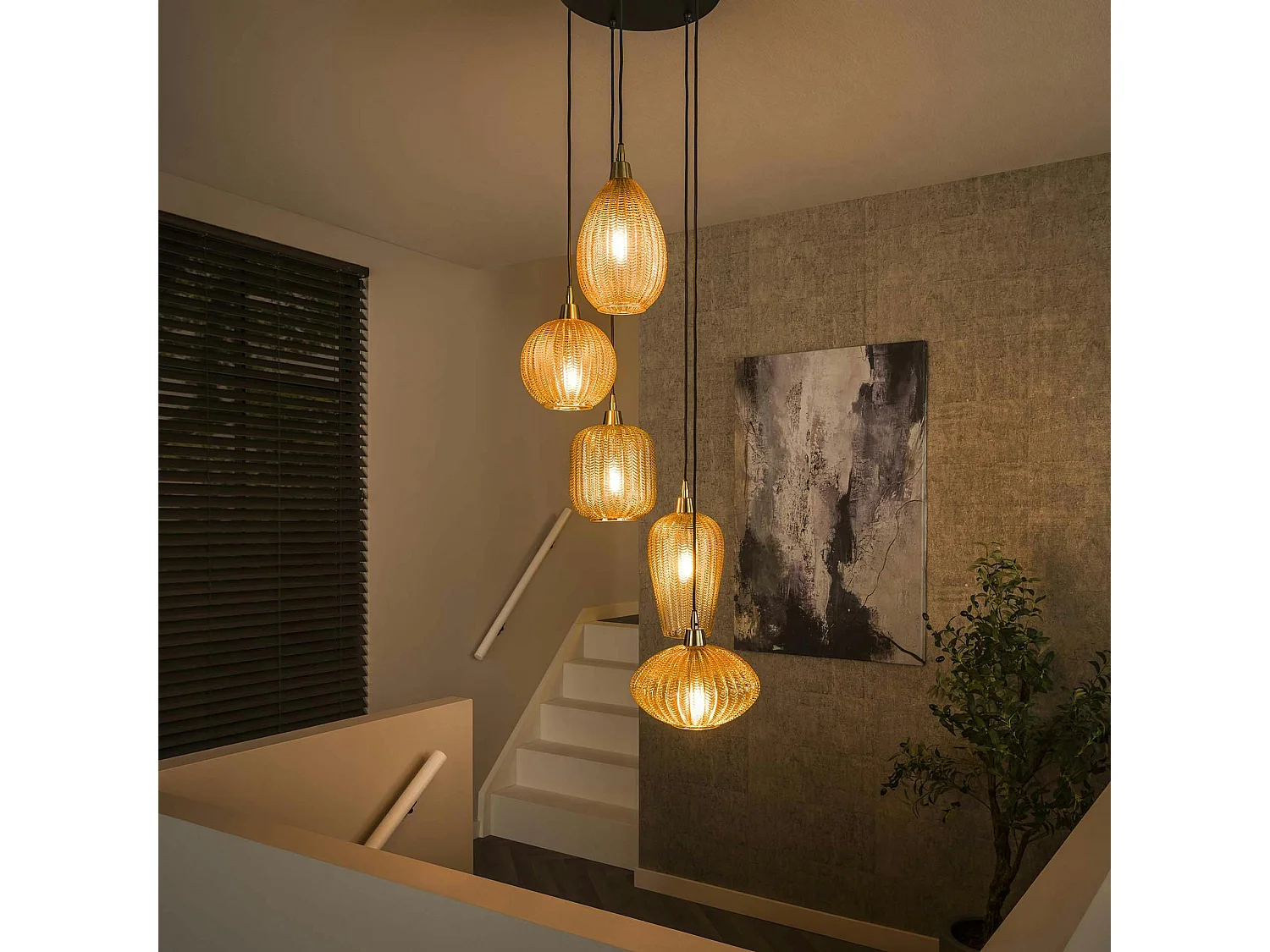 Suspension en verre ambré 5 lampes NOVA