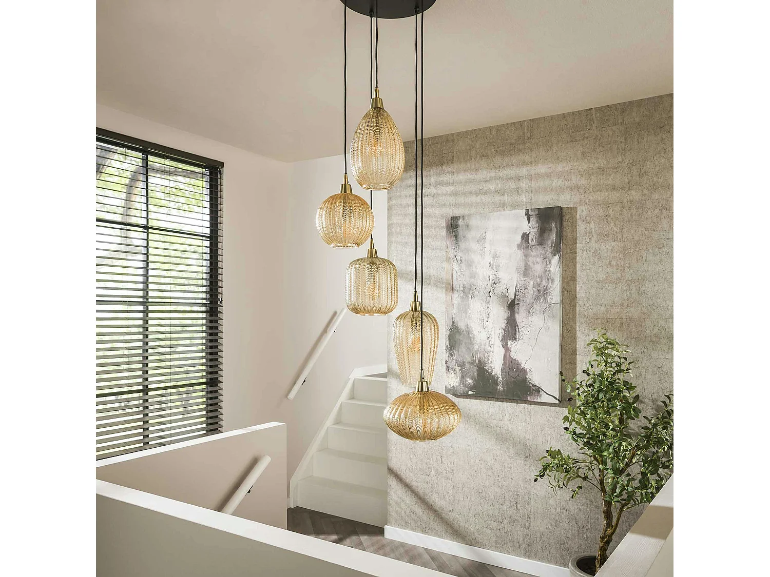 Suspension en verre ambré 5 lampes NOVA