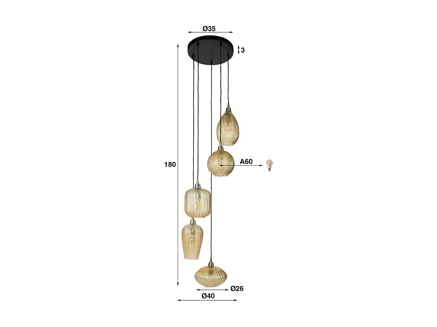 Suspension en verre ambré 5 lampes NOVA