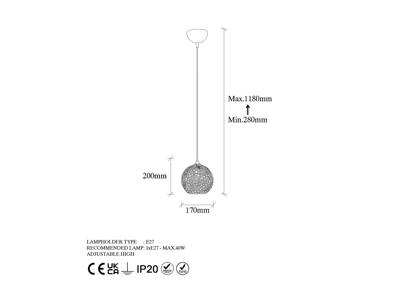 Suspension noire boule – motif floral, ajourée ERZIN