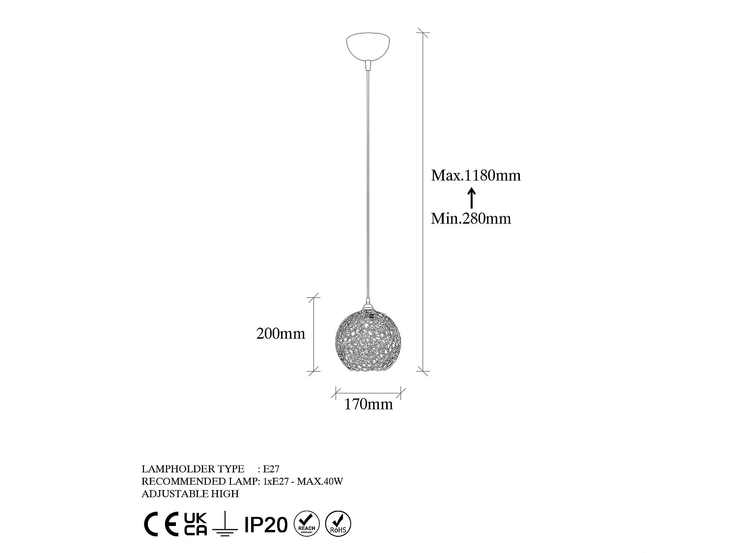 Suspension noire boule – motif floral, ajourée ERZIN