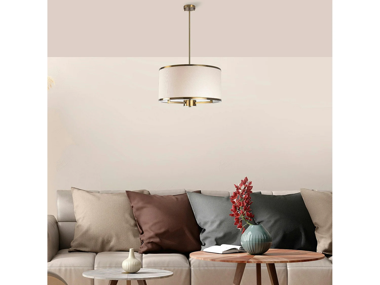 Suspension salon en tissu – abat-jour écru et or ZURICH