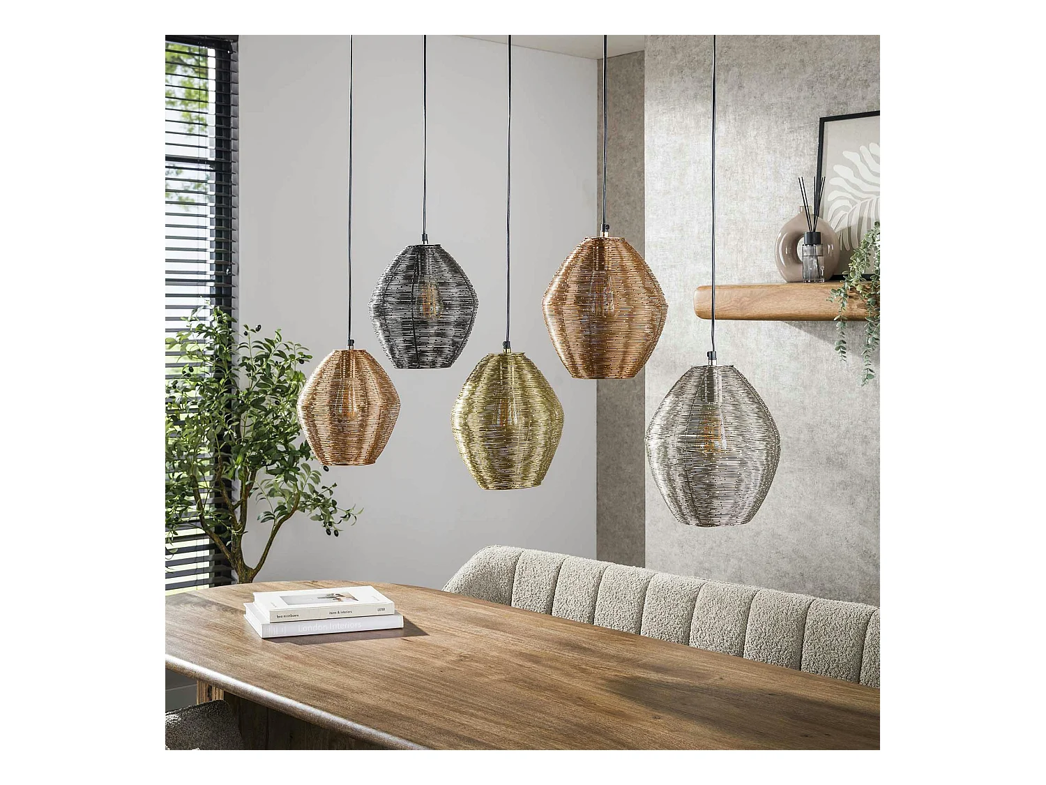 Suspension vintage filaire avec 5 abat-jour à hauteur réglable RALF