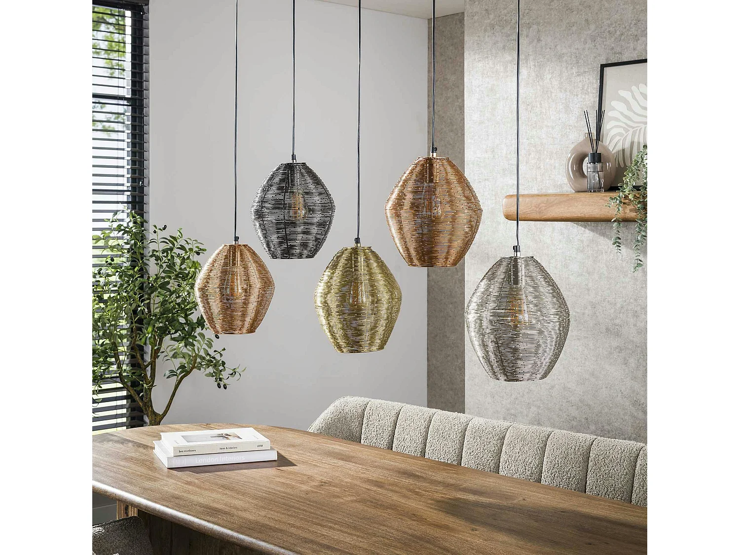 Suspension vintage filaire avec 5 abat-jour à hauteur réglable RALF