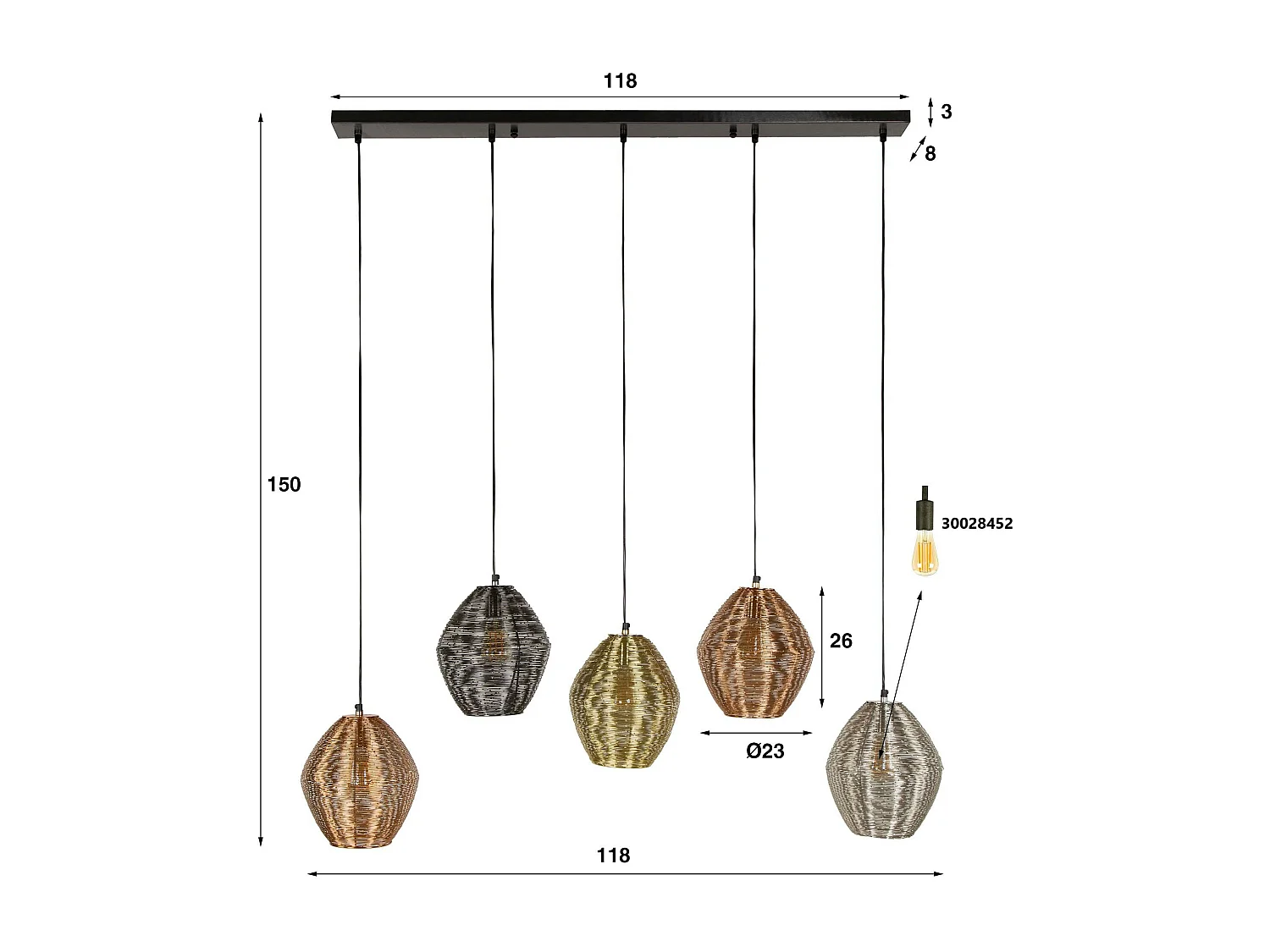Suspension vintage filaire avec 5 abat-jour à hauteur réglable RALF