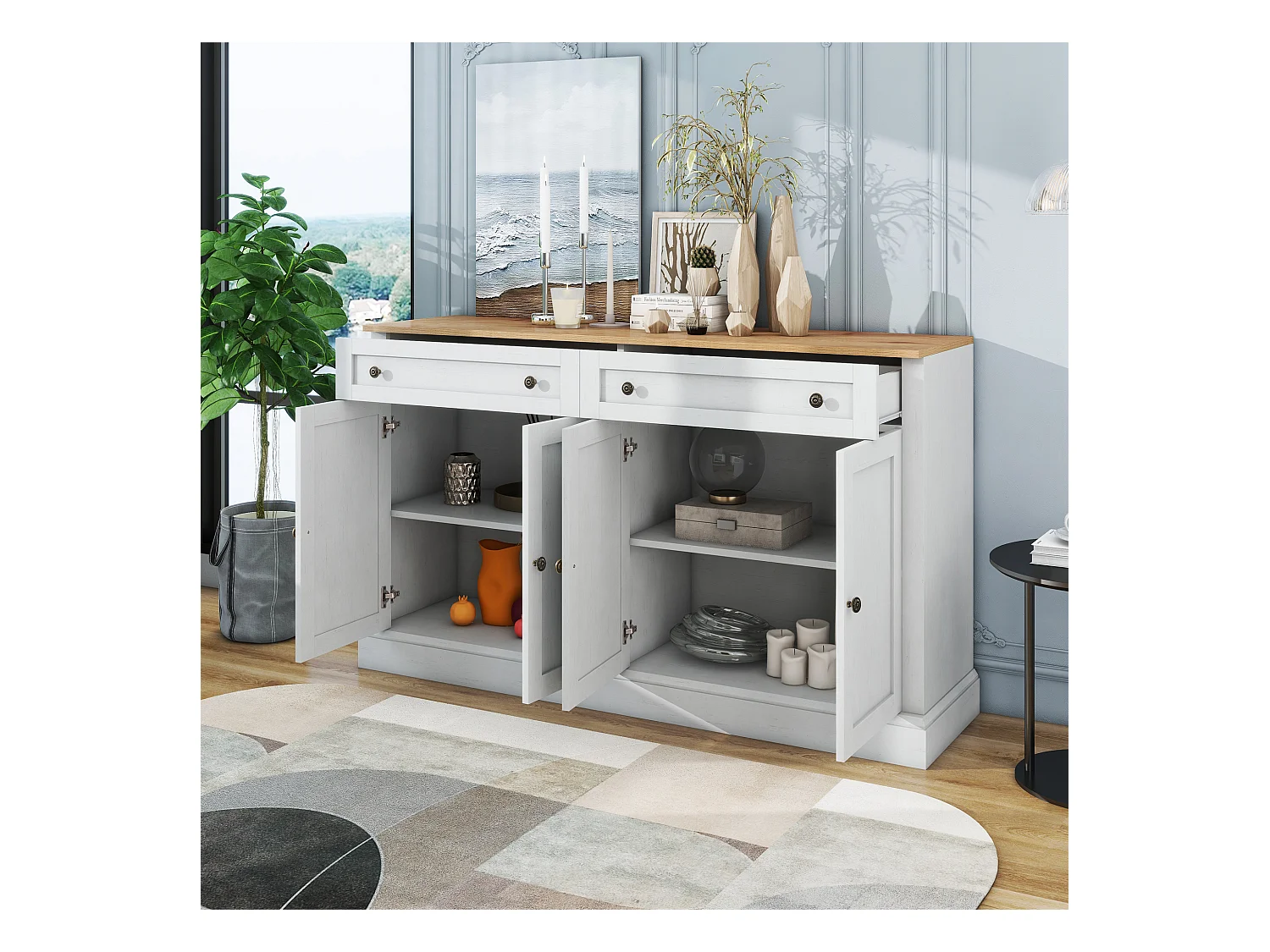 Buffet blanc et naturel, 2 tiroirs et 4 portes, nombreux rangements, fusion du moderne et du vintage