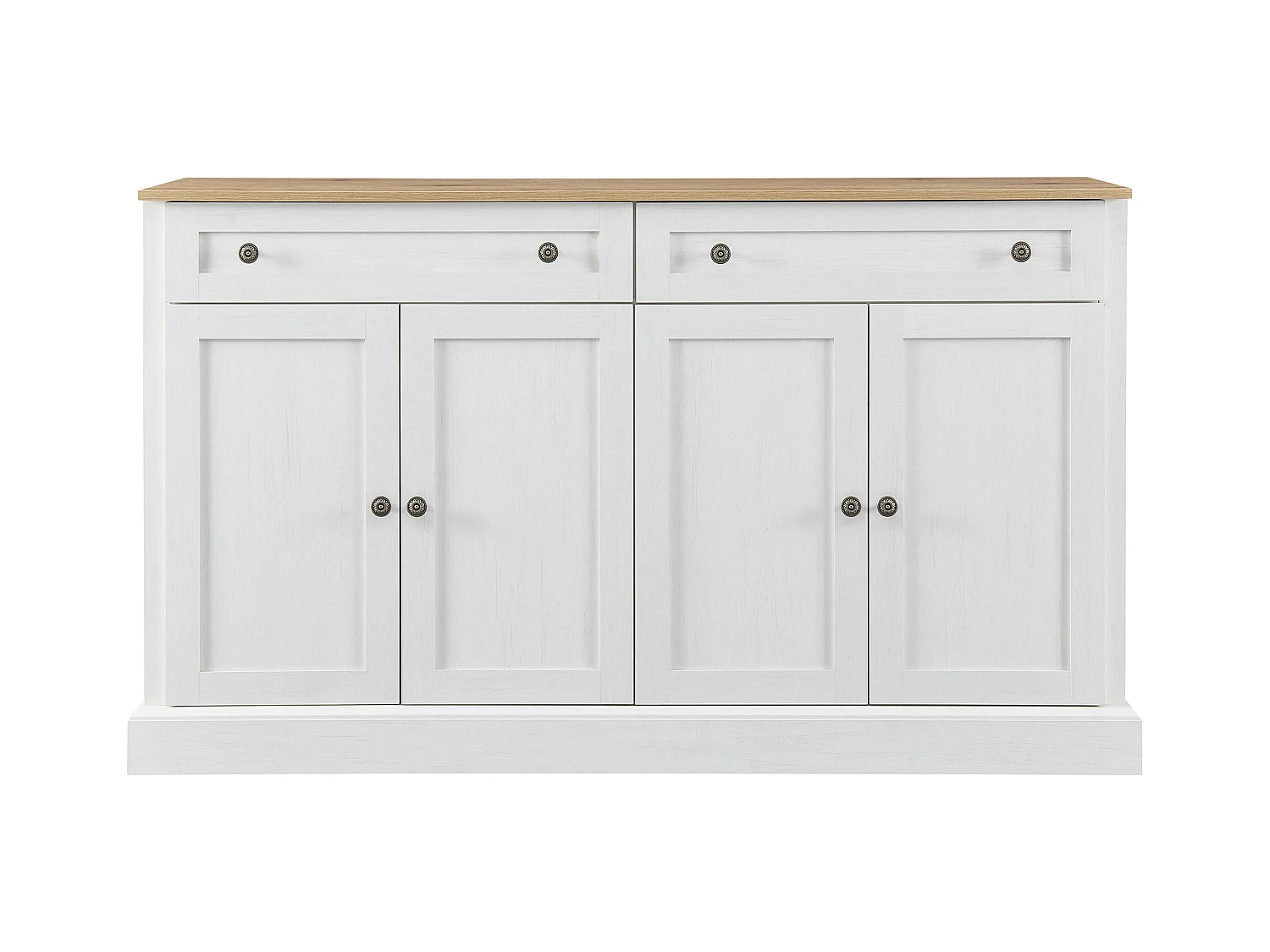 Buffet blanc et naturel, 2 tiroirs et 4 portes, nombreux rangements, fusion du moderne et du vintage