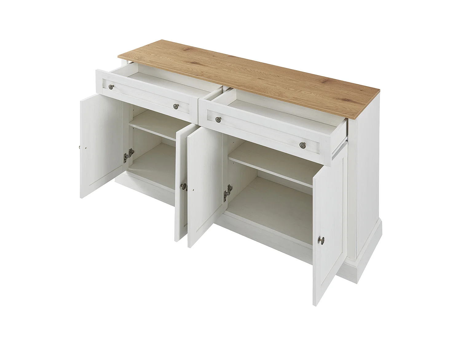Buffet blanc et naturel, 2 tiroirs et 4 portes, nombreux rangements, fusion du moderne et du vintage