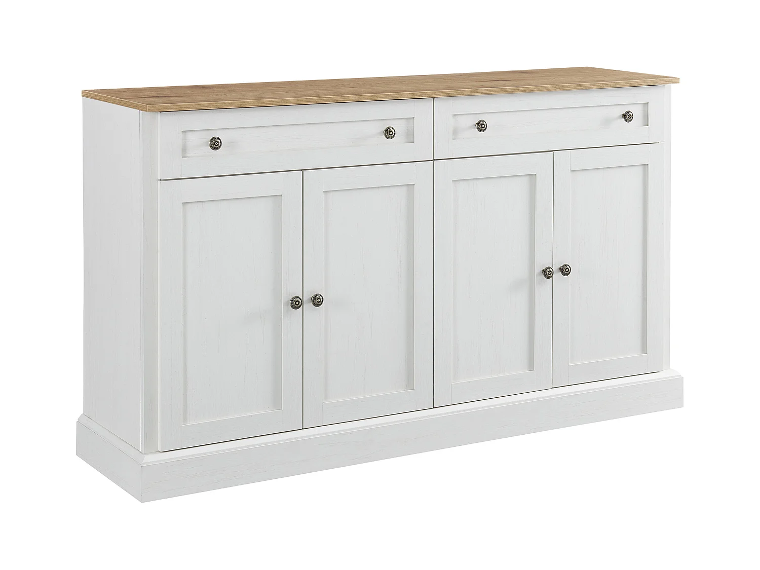 Buffet blanc et naturel, 2 tiroirs et 4 portes, nombreux rangements, fusion du moderne et du vintage