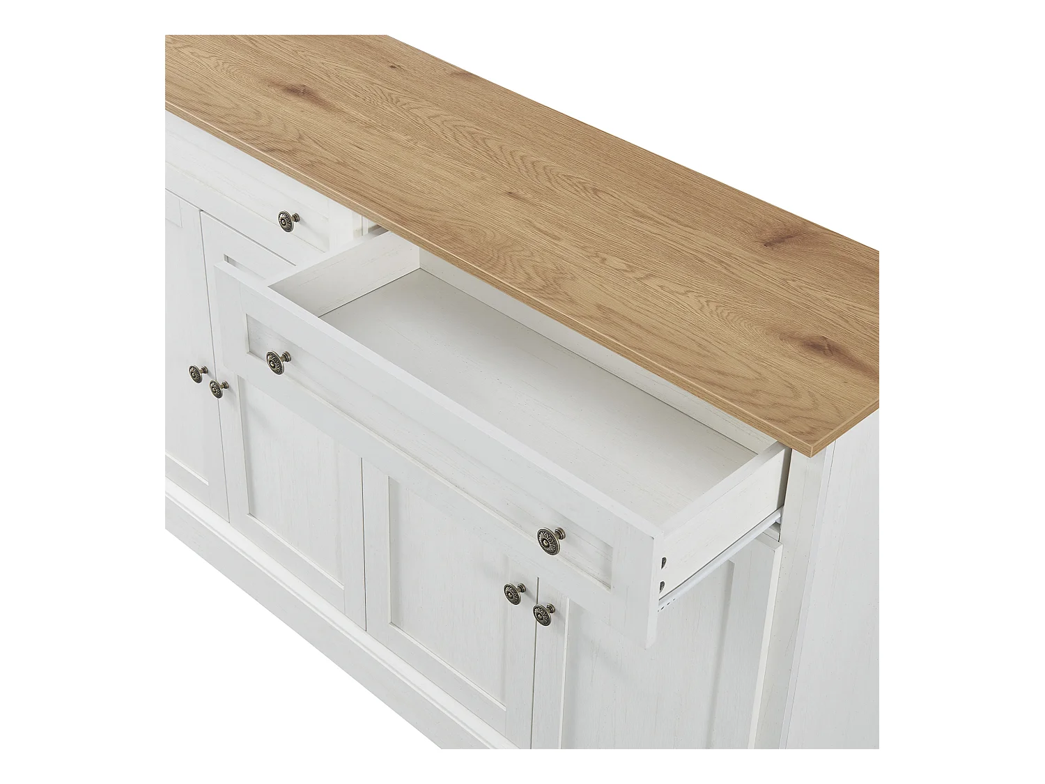 Buffet blanc et naturel, 2 tiroirs et 4 portes, nombreux rangements, fusion du moderne et du vintage