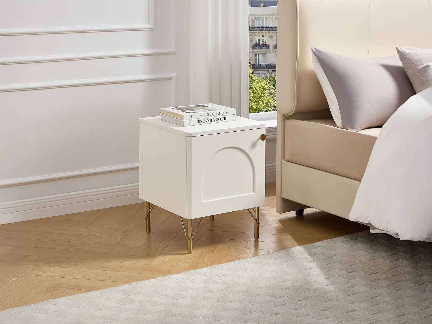 Table de chevet côté droit 1 porte – Blanc et doré - ALOBARA