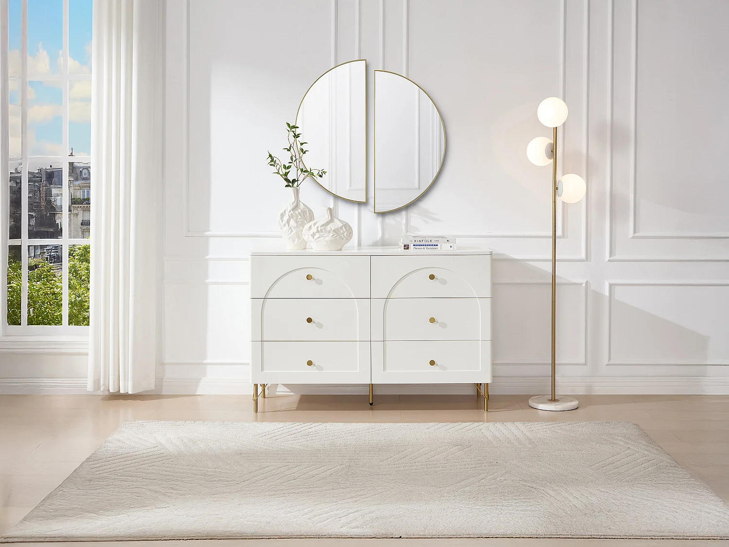 Commode 6 tiroirs – Blanc et doré - ALOBARA