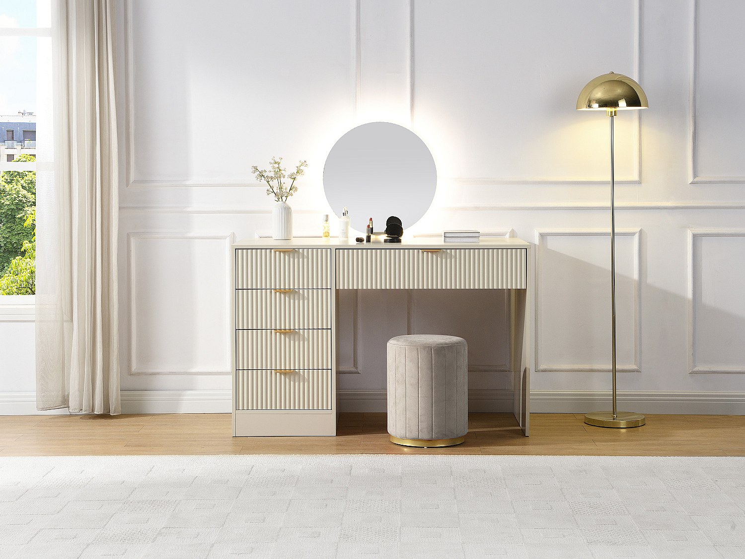 Schminktisch mit LED-Spiegel - 5 Schubladen - Beige und Gold - OLENYRA