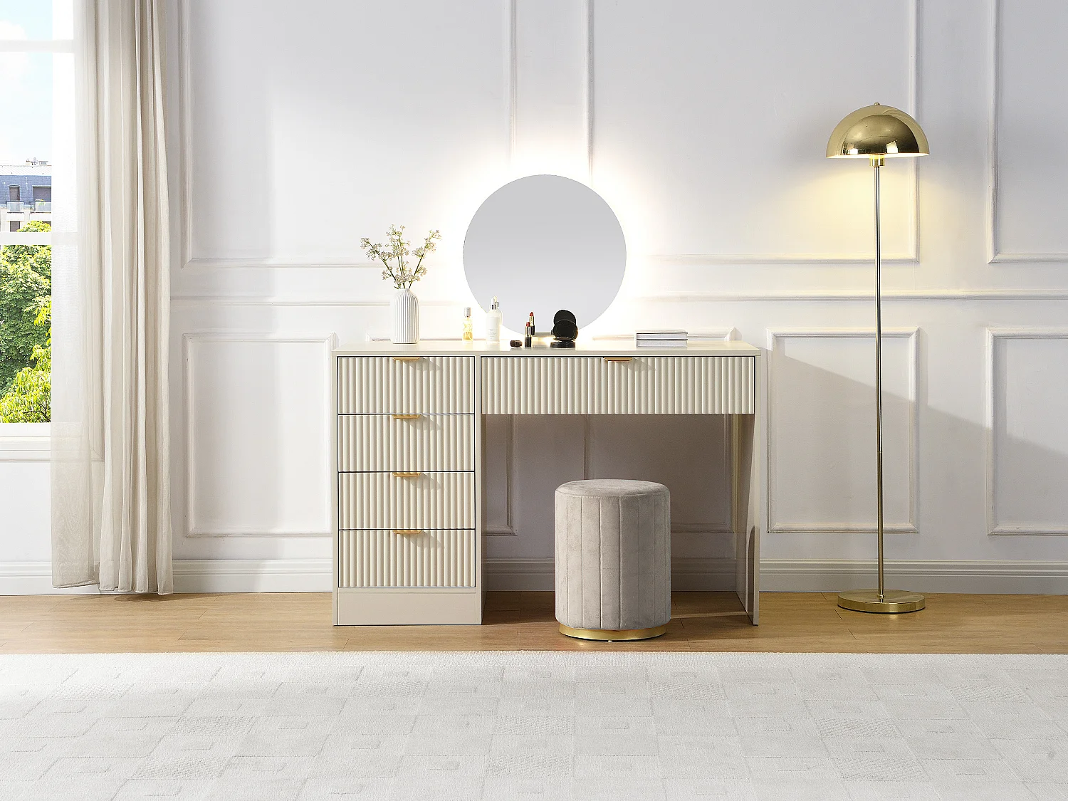 Coiffeuse avec miroir à LEDs - 5 tiroirs - Beige et doré - OLENYRA