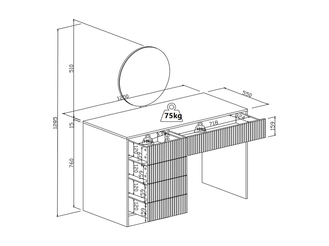 Coiffeuse avec miroir à LEDs - 5 tiroirs - Beige et doré - OLENYRA