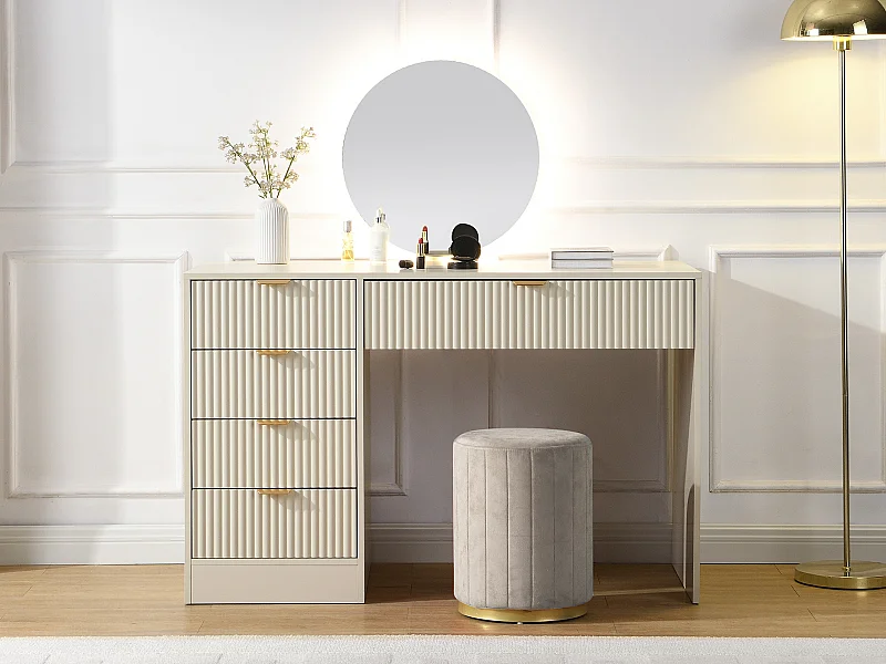 Coiffeuse avec miroir à LEDs - 5 tiroirs - Beige et doré - OLENYRA