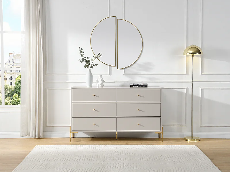 Commode 6 tiroirs - MDF et métal - Beige et doré - MILAVIA