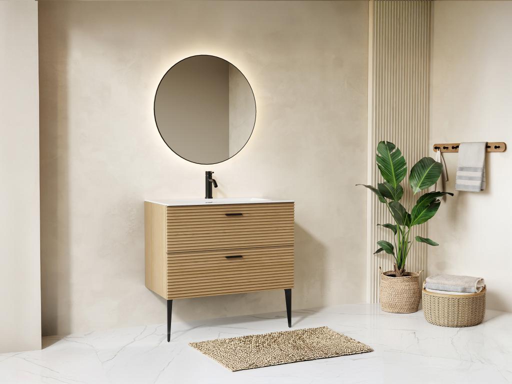 Meuble de salle de bain strié sur pieds avec vasque à encastrer - 2 tiroirs - Naturel clair - 80 cm - SARONE