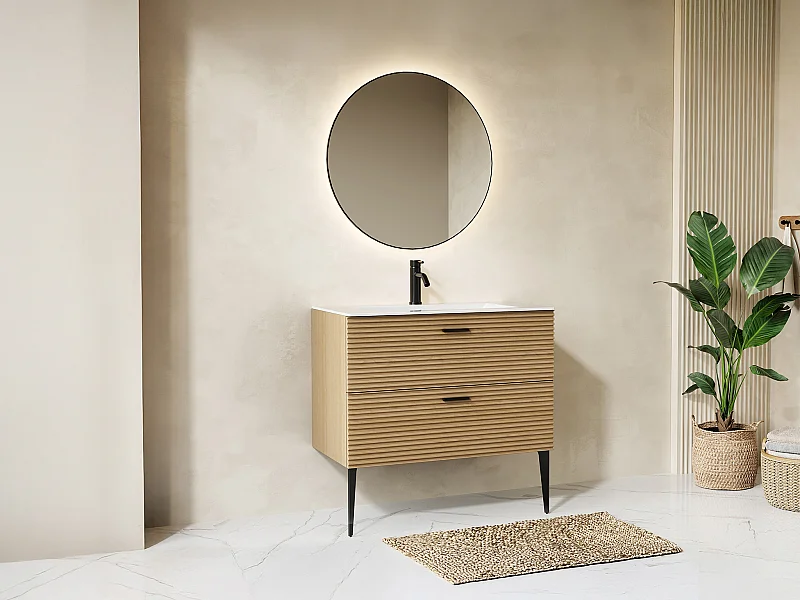 Szafka łazienkowa na nóżkach z wbudowaną umywalką, prążkowana - 2 szuflady - Jasne drewno naturalne - 80 cm - SARONE