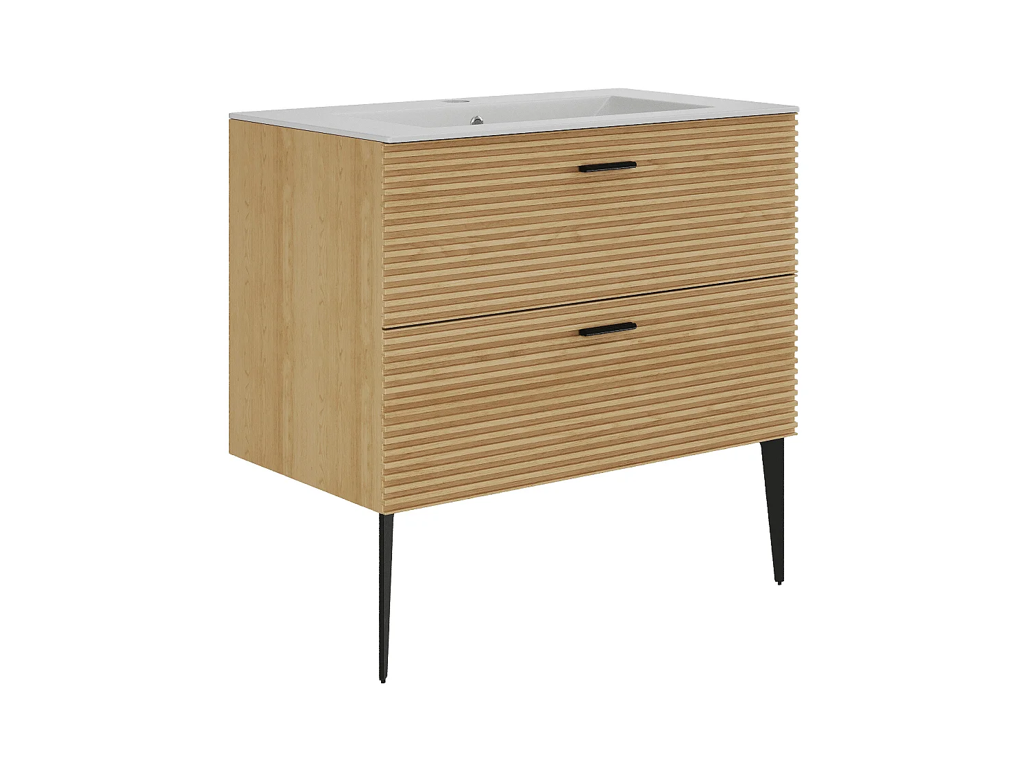 Meuble de salle de bain strié sur pieds avec vasque à encastrer - 2 tiroirs - Naturel clair - 80 cm - SARONE