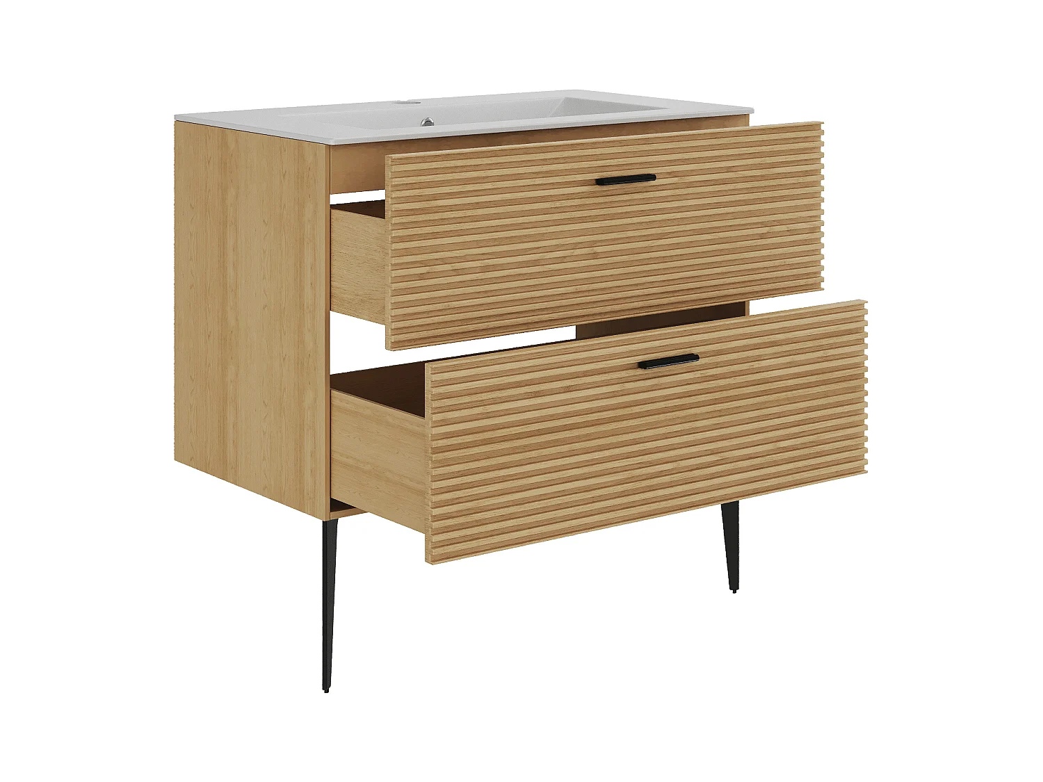 Meuble de salle de bain strié sur pieds avec vasque à encastrer - 2 tiroirs - Naturel clair - 80 cm - SARONE