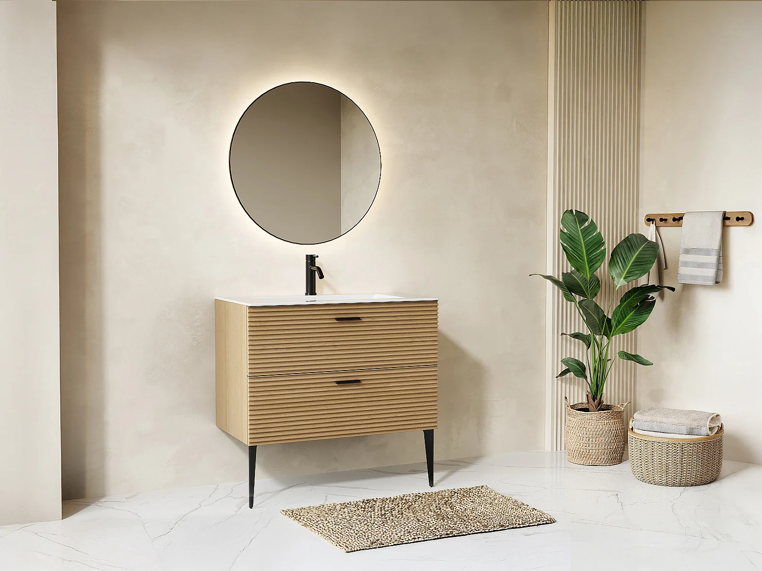 Meuble de salle de bain strié sur pieds avec vasque à encastrer - 2 tiroirs - Naturel clair - 80 cm - SARONE