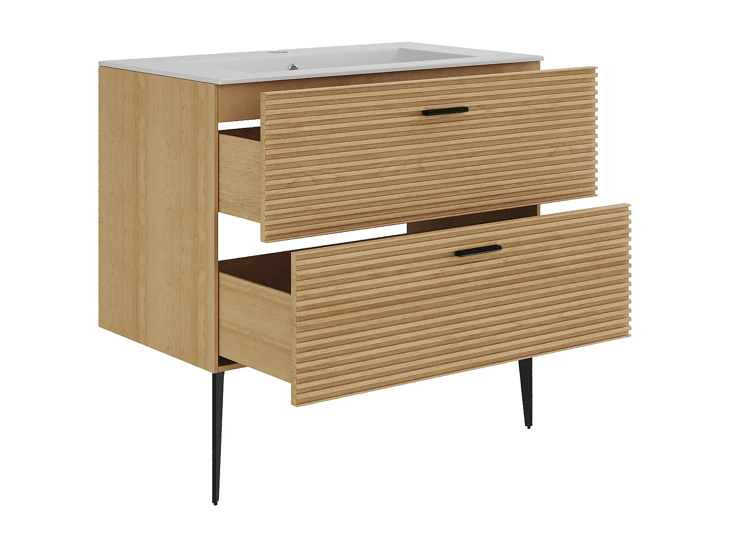 Meuble de salle de bain strié sur pieds avec vasque à encastrer - 2 tiroirs - Naturel clair - 80 cm - SARONE