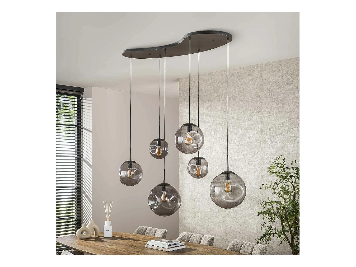 Suspension en verre fumé – 6 globes déformés NIAGARA